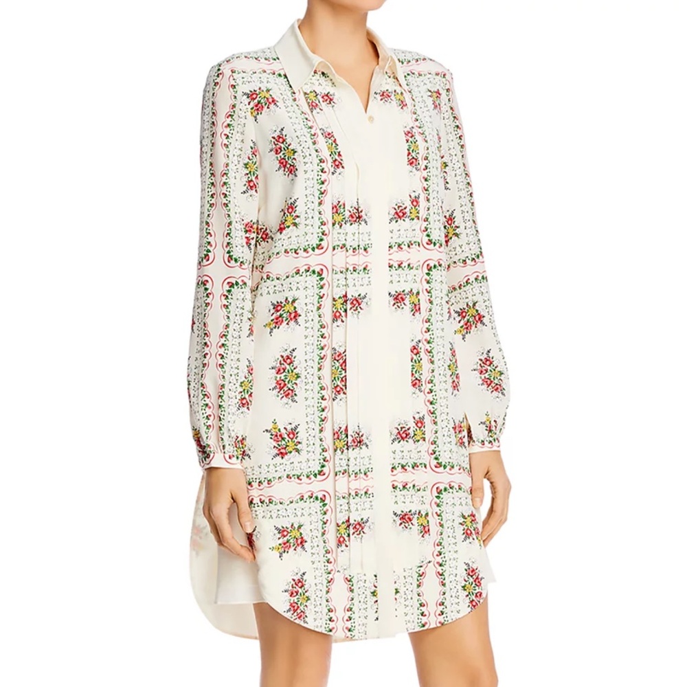 TORY BURCH Cora Floral Tile Long Sleeve Silk Shirtdress In Garden Veil Button